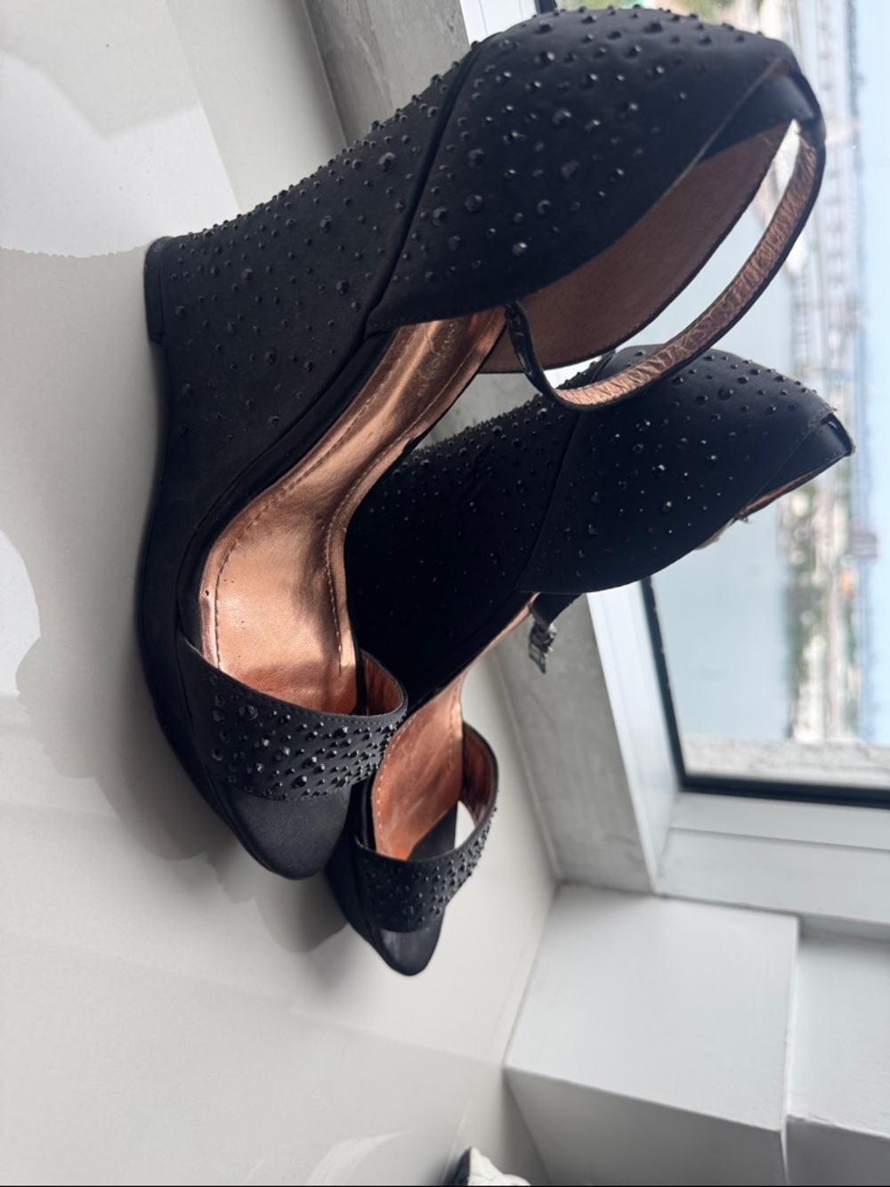 BCBGeneration Black Crystal-Dotted Peep-Toe Slingback Heels